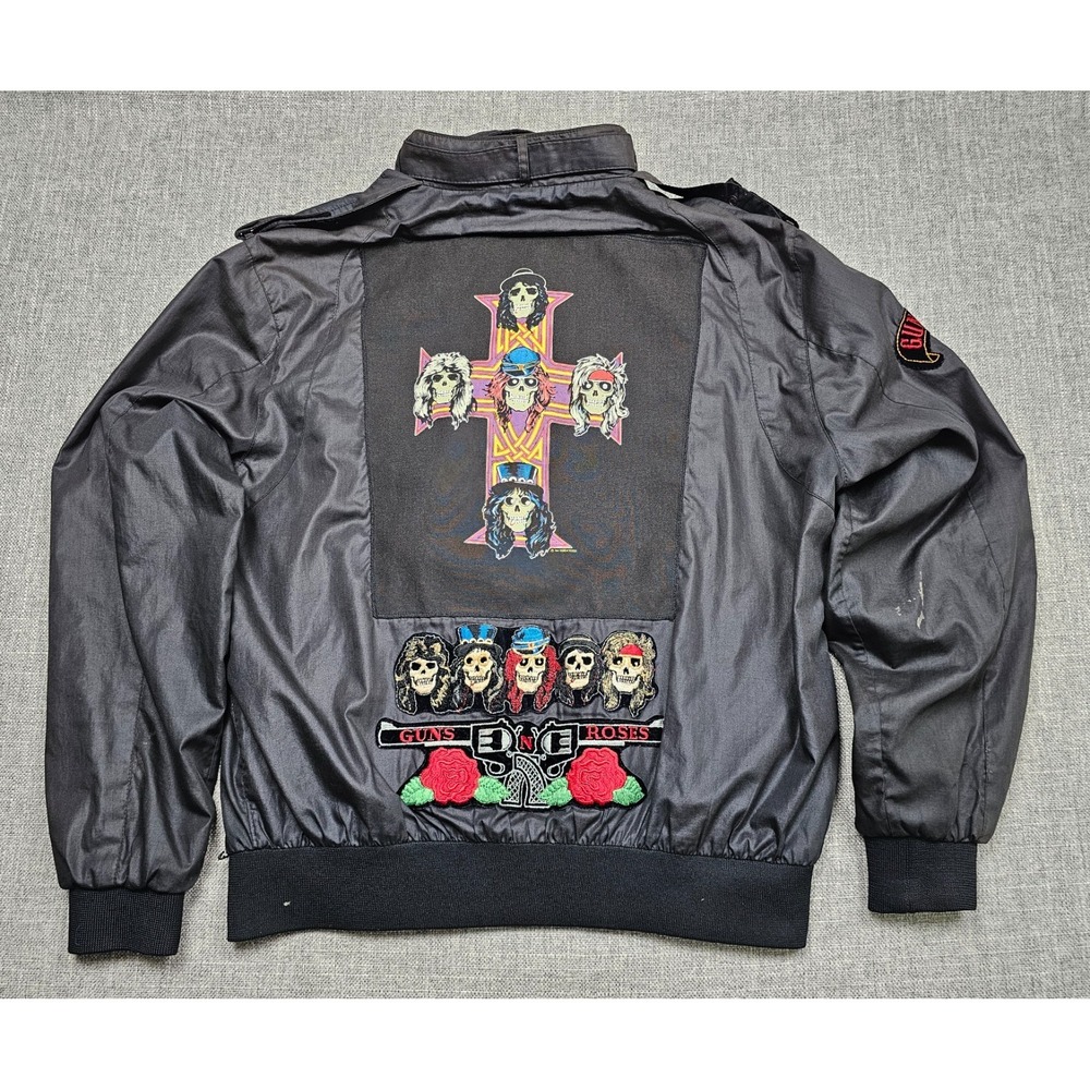 VINTAGE Guns N Roses Jacket Mens Large Black Bomber Rock Concert Patches 80s